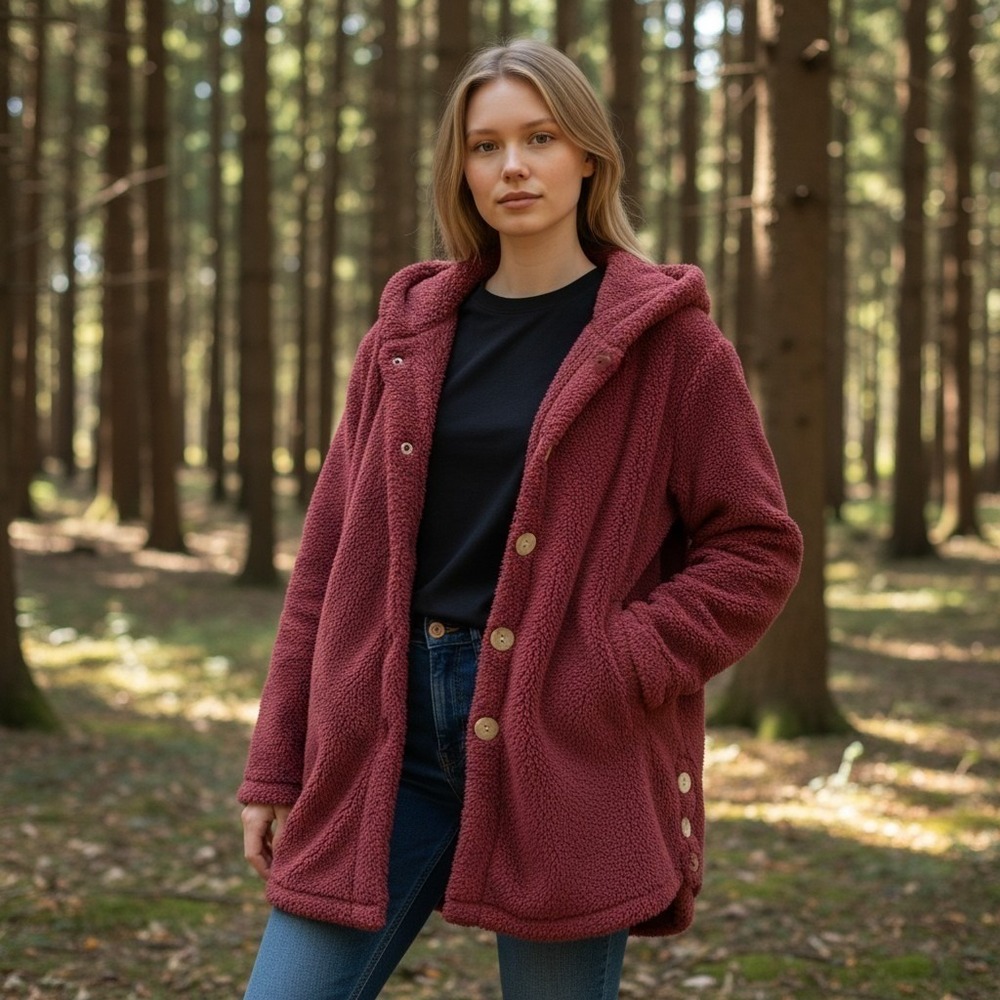 Coco + Carmen Hooded Plush Cardigan Women's S Burgundy Button Front Lounge